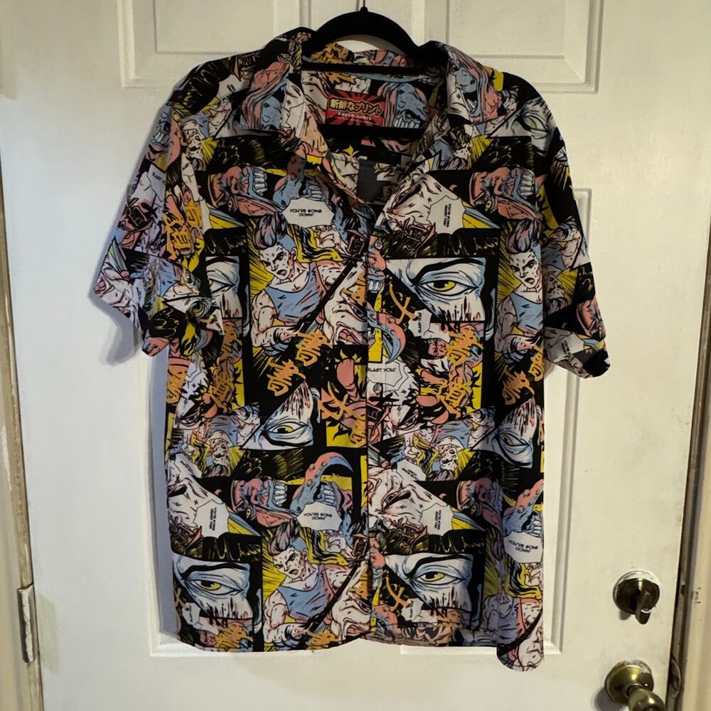 Fresh Prints Tokyo Anime Manga Comic Button Up Shirt Mens XL